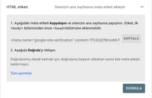 Google Arama Konsolu Doğrulama Seçenekleri