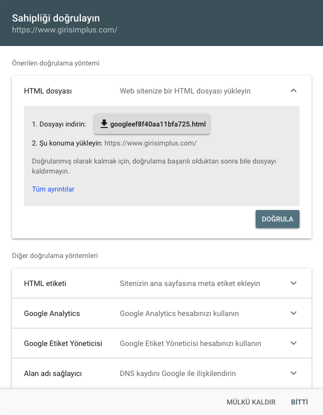 Google Search Console Doğrulama Yöntemi