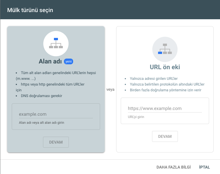 Google Search Console Mülk Ekleme Türü