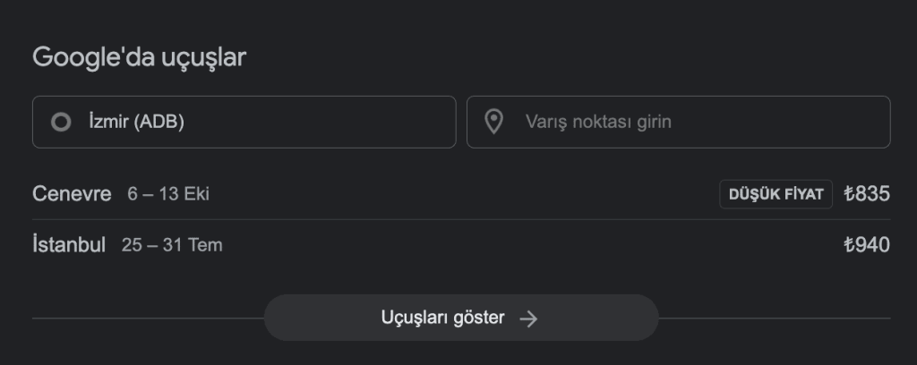 SERP Google'da Uçuşlar