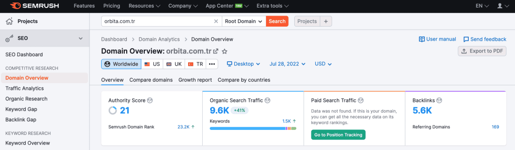 Semrush Domain Overview - Genel Bakış